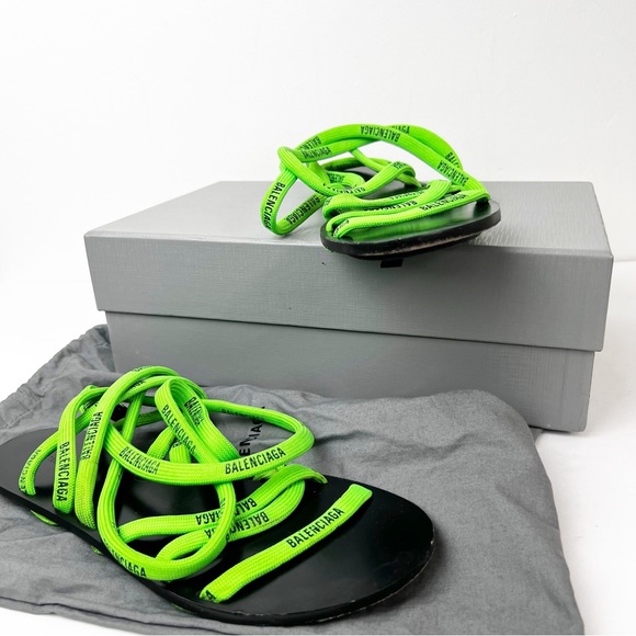 SZ 38 Balenciaga Lime Green Logo Tie Sandals - Picture 4 of 8